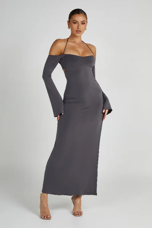 Tia Slinky Off Shoulder Maxi Dress - Charcoal Trendy Short Sleeve Maxi Dress