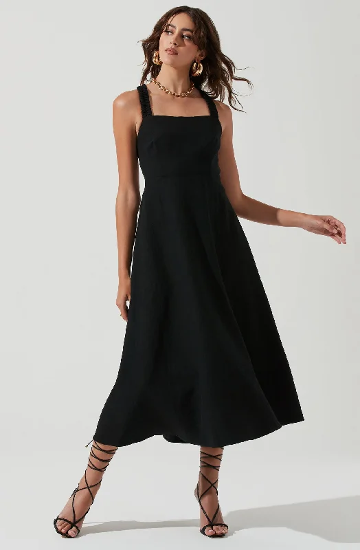 Valenz Square Neck Open Back Midi Dress in Black Stylish Midi Dress with Cuffs