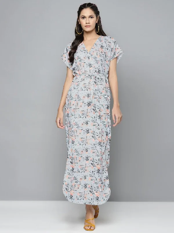 Women's White Floral Drawstring Maxi Dress - SASSAFRAS Comfortable Maxi Dress with Slits