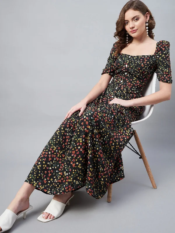 Women's Black Polyester Moss Floral Maxi Dress - StyleStone Elegant Lace-Up Maxi Dress