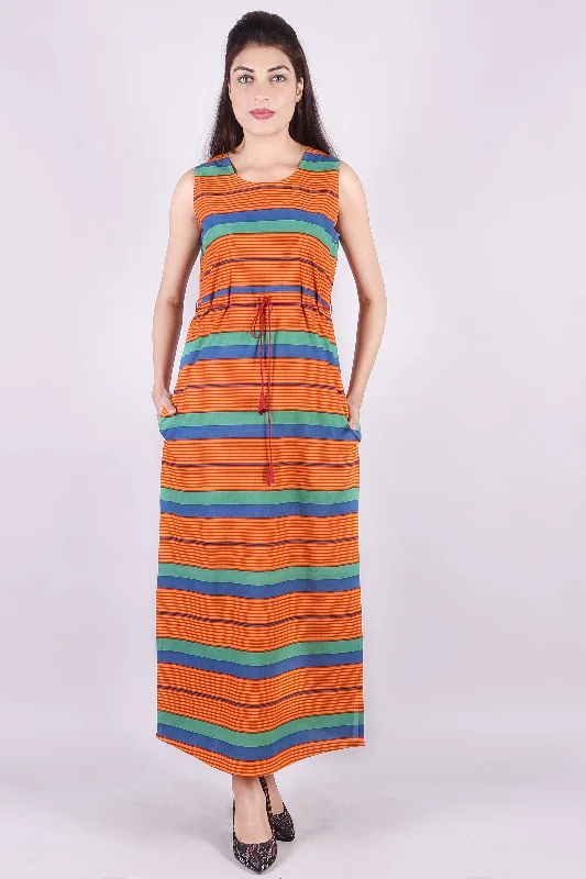 Women's Deckedup-Cotton Block Printed Orange Round Neck Maxi Dress (Skf072) - Deckedup Fashionable Asymmetrical Maxi Dress