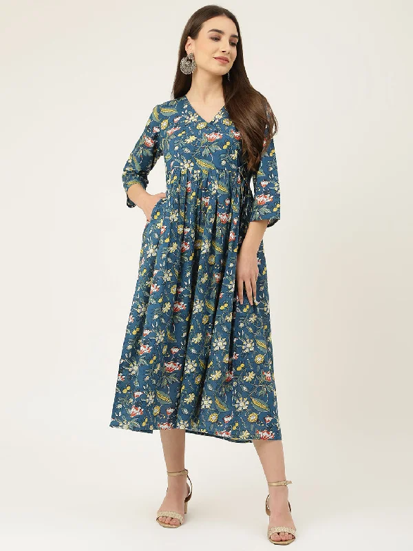 Women's Blue Printed Maxi Dress - Deckedup Comfortable Ruffle Maxi Dress