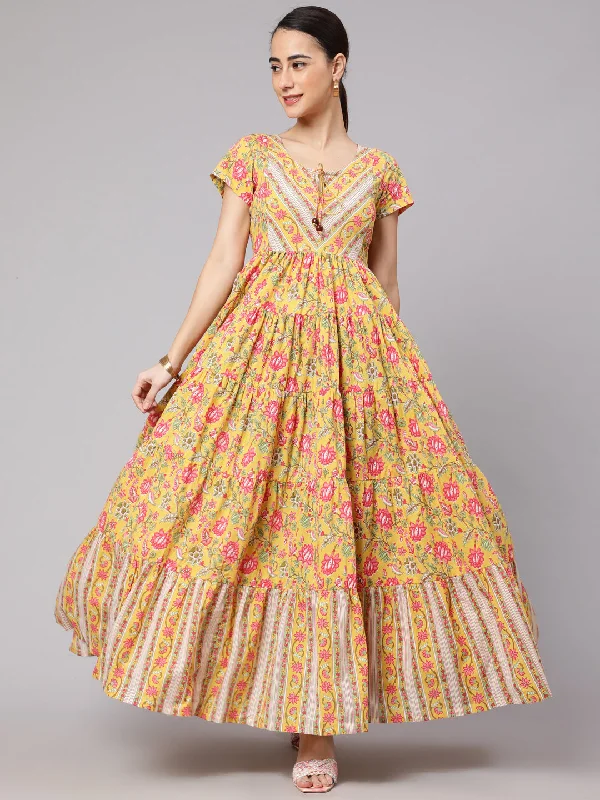 Women's Yellow Floral Printed Tiered Maxi Dress - Aks Trendy Printed Maxi Dress