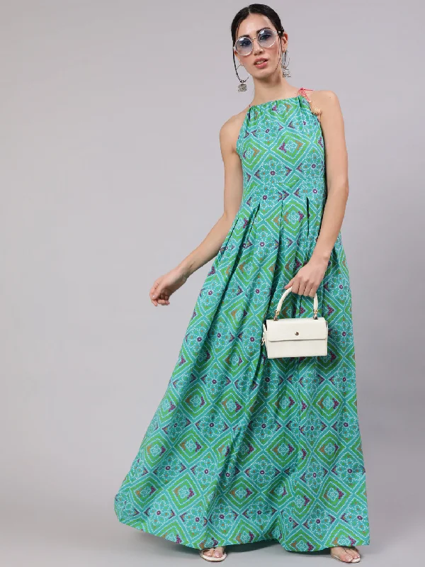 Women's Blue & Pink Bandhani Printed Box Pleated Maxi Dress - Aks Comfortable Maxi Dress with Belt