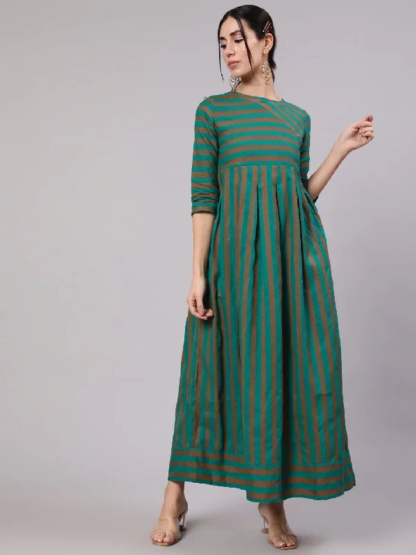 Women's Green & Orange  Stripe Print Box Pleated Maxi Dress - Aks Comfortable Ruffle Hem Maxi Dress