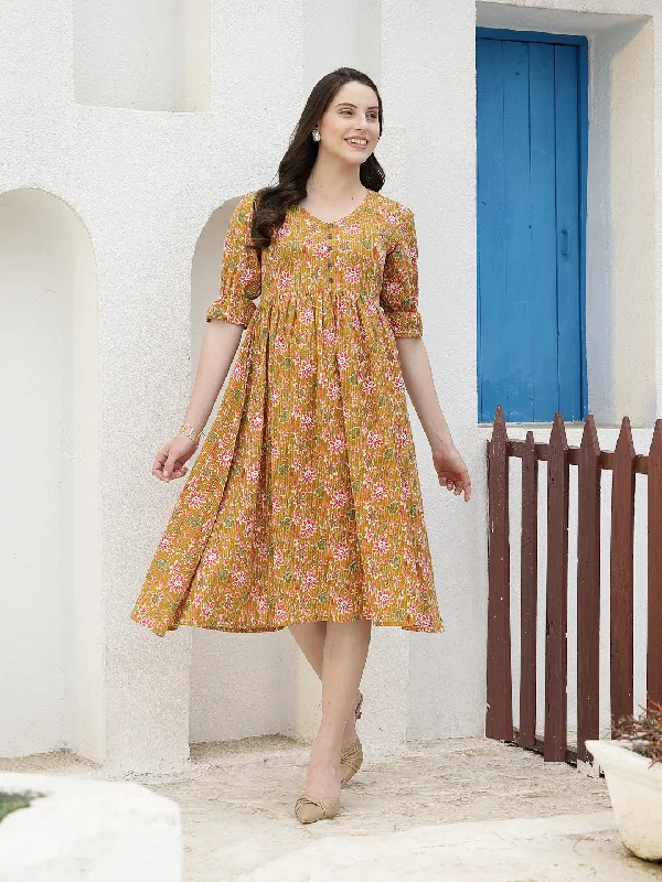 Floral Printed Cotton A-Line Midi Dress Fashionable Sheer Sleeve Midi Dress