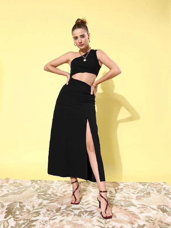 Women's Black Cut Out One Shoulder Maxi Dress - StyleStone Classic A-Line Maxi Dress