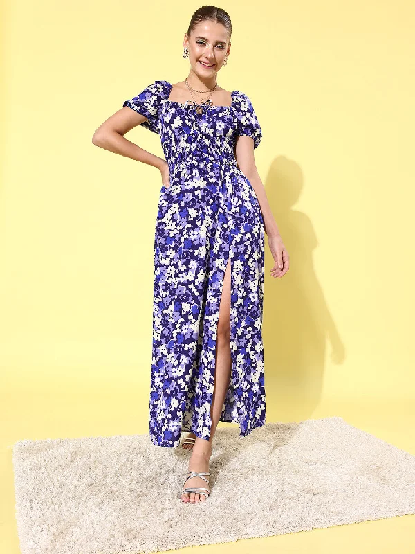 Women's Blue Floral Maxi Dress with Puffed Sleeve - StyleStone Trendy Maxi Dress with Bow