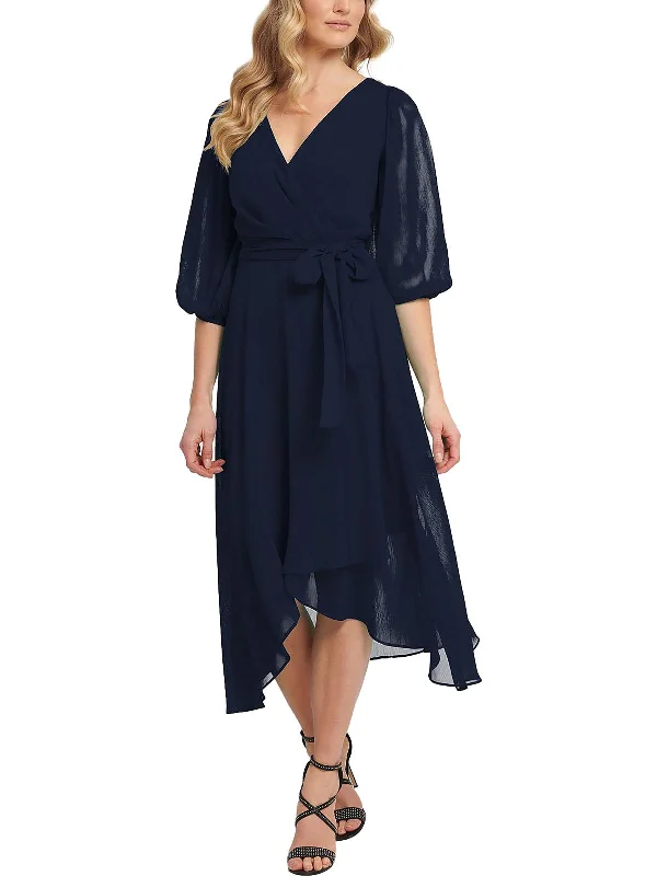 Womens Chiffon Faux-Wrap Midi Dress Trendy Knit Midi Dress