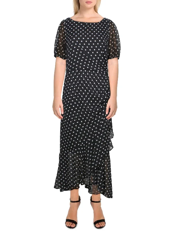 Womens Chiffon Polka Dot Maxi Dress Elegant Pleated Maxi Dress