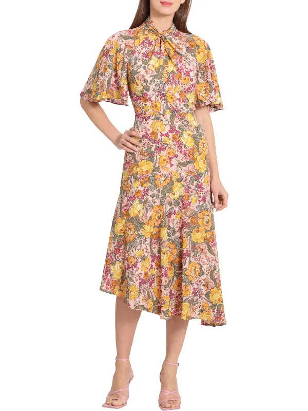 Womens Floral Asymmetric Midi Dress Stylish High-Waisted Midi Dress