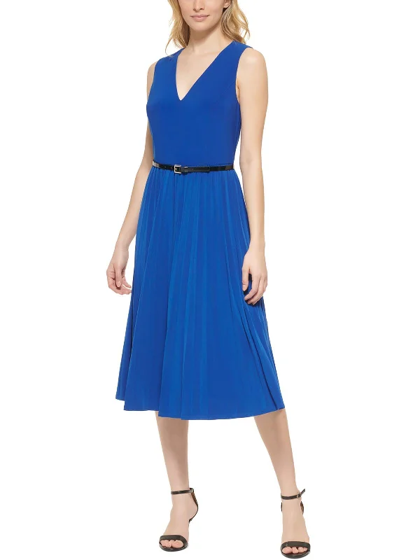 Womens V-Neck Calf Midi Dress Trendy Midi Dress with Belt