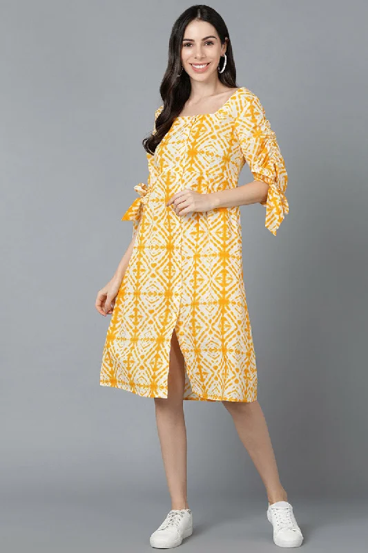 Yellow Cotton Dyed A-Line Midi Dress Trendy Ruched Side Midi Dress