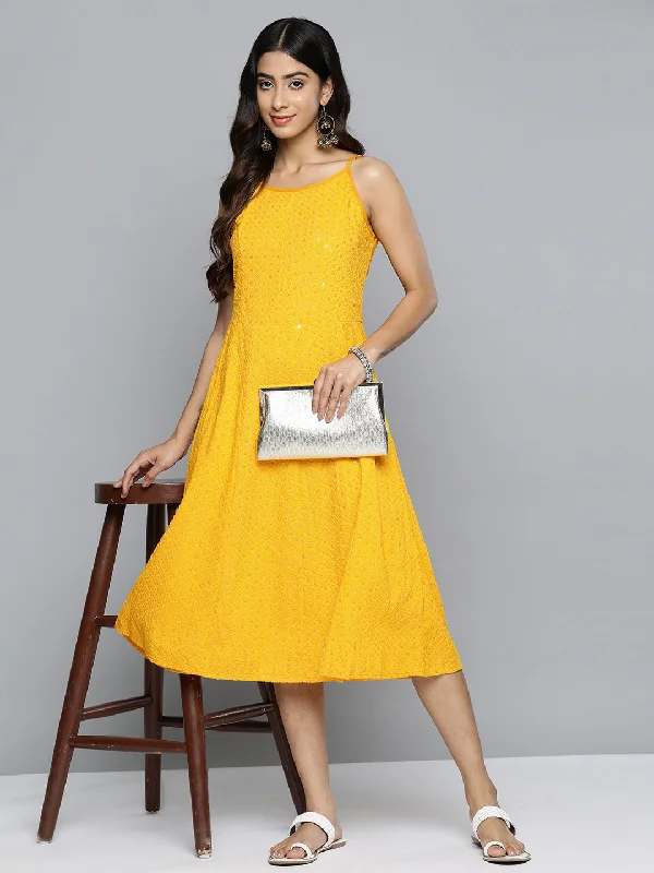 Yellow Floral Sequin Embroidered A-Line Midi Dress Cozy Spaghetti Strap Midi Dress