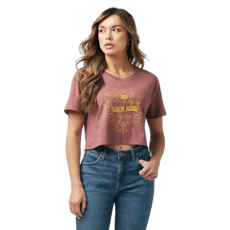 Wrangler Women's Yellowstone Ranch Hand Burgundy Heather Crop Tee 112323573 Print Jacquard Patchwork