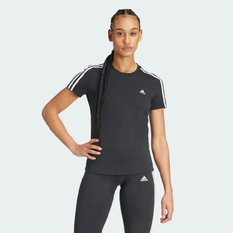 ADIDAS WOMEN'S LOUNGEWEAR ESSENTIALS SLIM 3-STRIPES BLACK TEE Ribbed T-Shirt High Neck Heavyweight