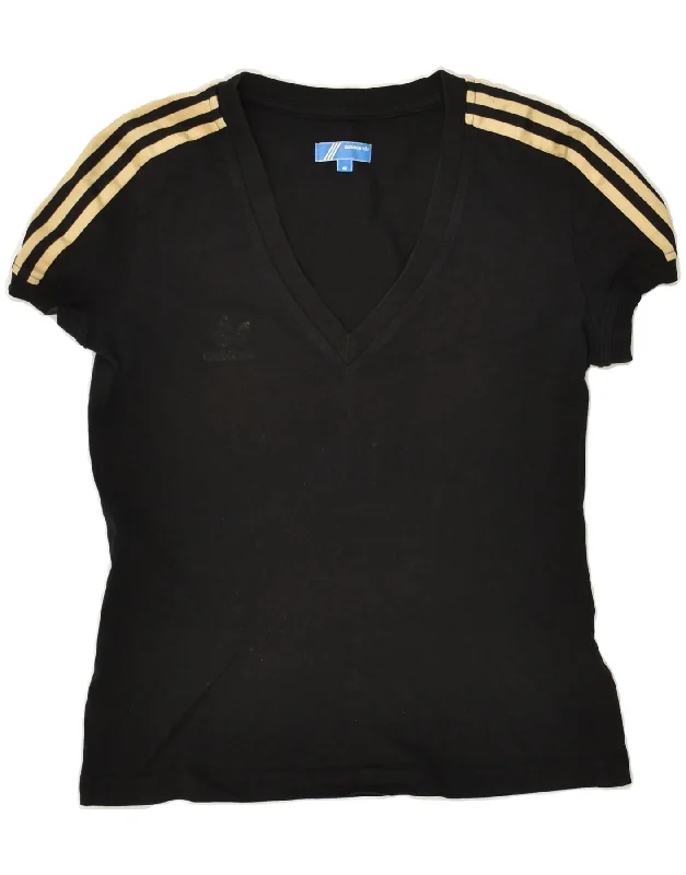 ADIDAS Womens T-Shirt Top UK 14 Medium Black Cotton Notch Collar Peter Pan Collar Cowl Neck