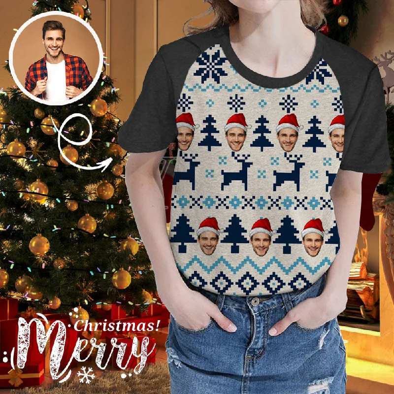 Custom Face Christmas Elk and Tree Women's All Over Print T-shirt Collared T-Shirt Boat Neck A-Line