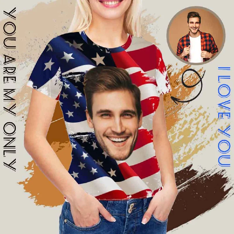 Custom Face American Flag Women's All Over Print T-shirt Handmade Hand-knitted Hand-woven