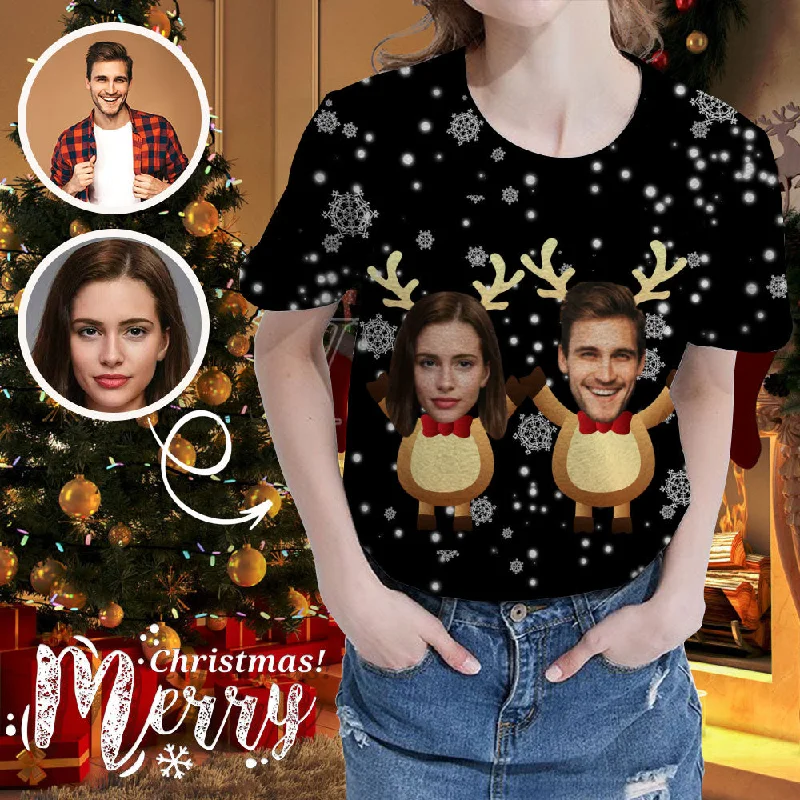 Custom Face Christmas Deer Women's All Over Print T-shirt Graphic Embroidered Appliqued