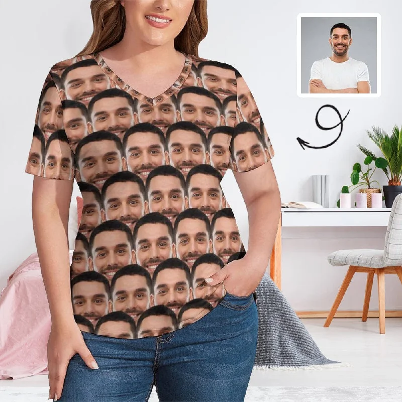 Custom Face Seamless Boyfriend Plus Size V Neck T-shirt for Her Design Your Own Shirt Gift Boxy Fit Fitted Loose