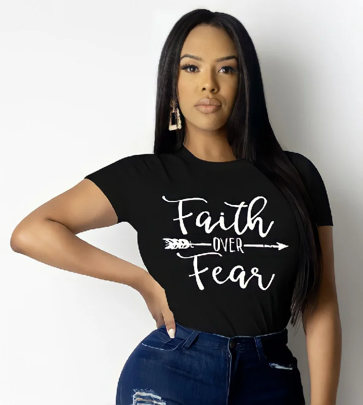 Faith Over Fear T-Shirt (Black) Collared T-Shirt Boat Neck A-Line