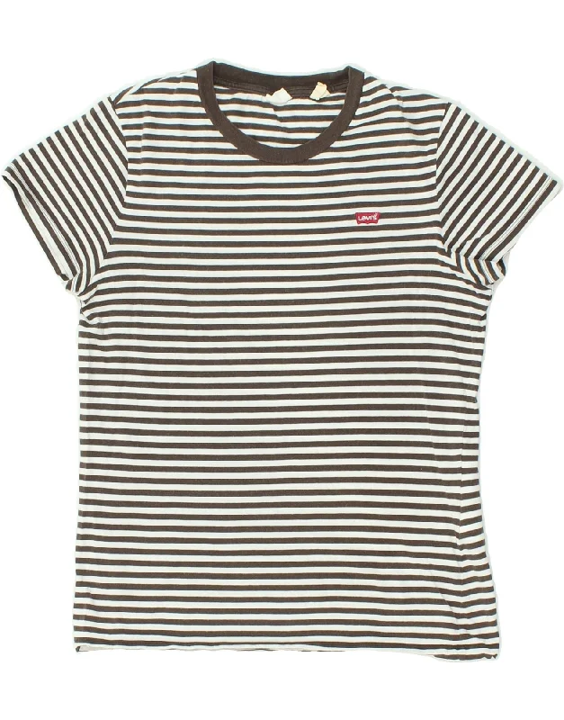 LEVI'S Womens T-Shirt Top UK 10 Small Grey Striped Cotton Satin Blend Silk Blend Wool Blend