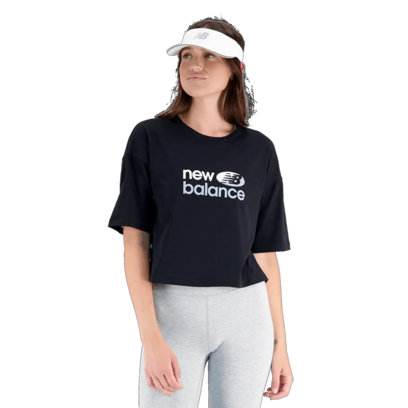 New Balance Women's Essentials Reimagined Dual Colored Cotton Jersey Boxy T-Shirt Mesh Blend Leather Blend Suede Blend