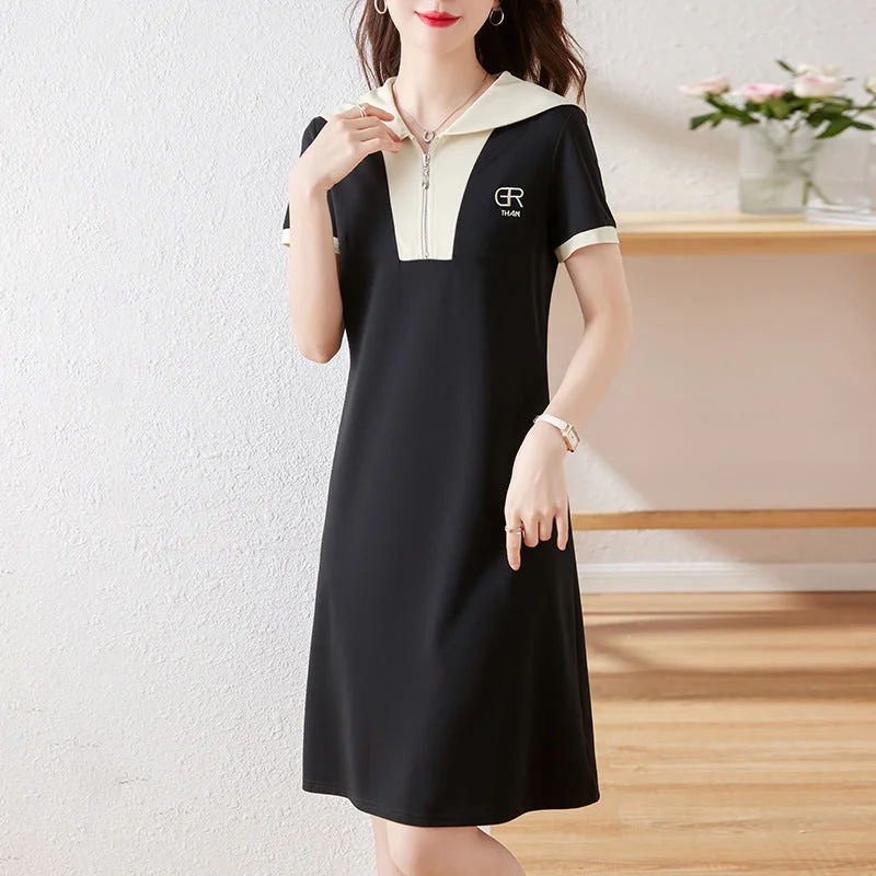 NiDELL Polo Collar Short-Sleeved Dress Women's Lapel Color Matching T-shirt Skirt . New Black Temperament Leisure Loose A- line Skirt Fleece Nylon Spandex