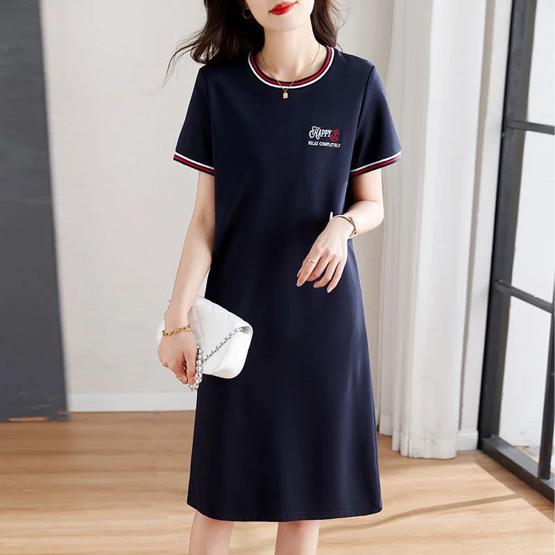 NiDELL T-shirt Dress for Women . New Summer High-End Exquisite Women's Loose Slimming Mid-Length Short Sleeve Dress Denim Fabric Leather Fabric Suede Fabric