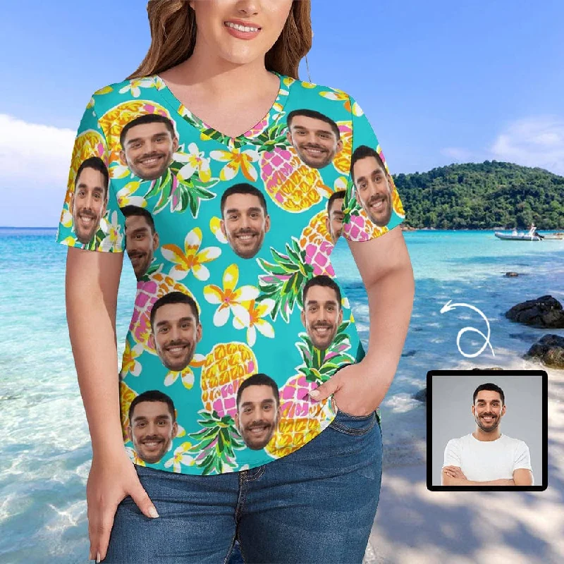 #Plus Size T-shirt-Custom Face Pineapple Plus Size V Neck T-shirt for Her Print Your Own Face on Shirt for Vacation Front Pockets Side Pockets Patch Pockets