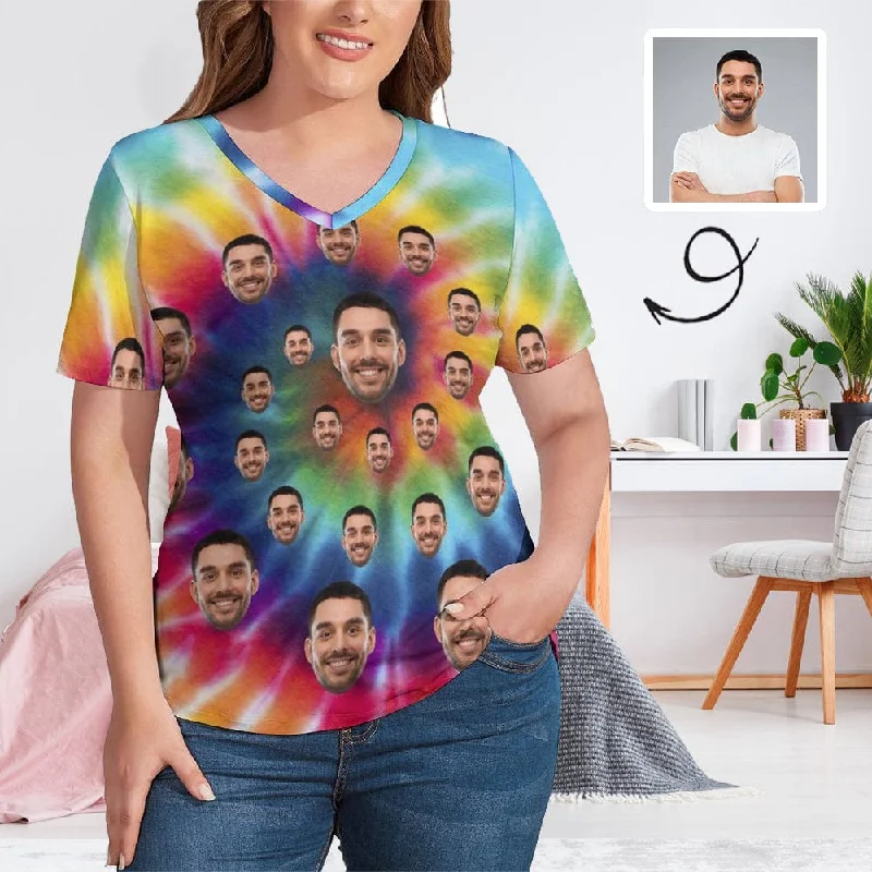 #Plus Size T-shirt-Custom Face Tie Dye Plus Size V Neck T-shirt for Her Print Your Own Face on Shirt Chenille Brocade Lace