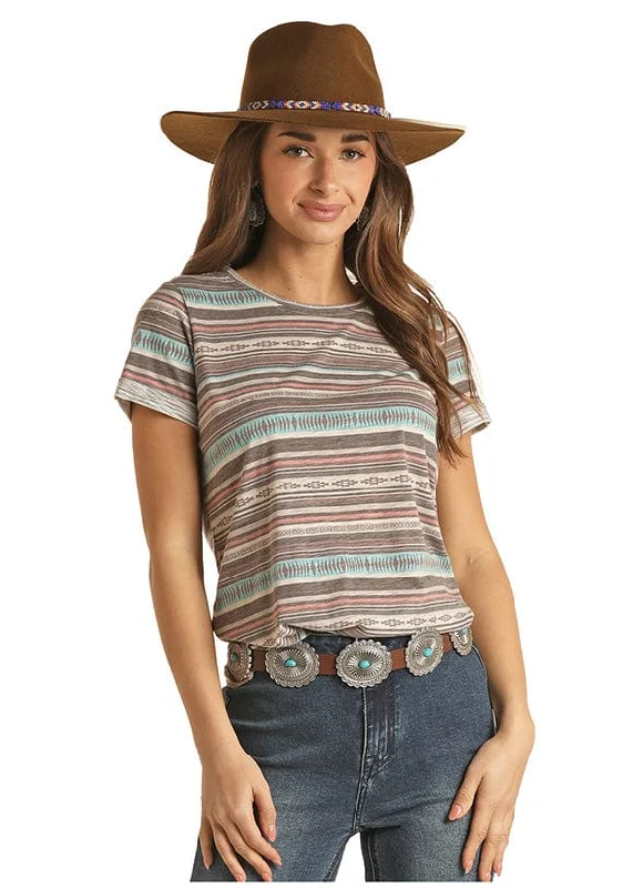 Rock and Roll Cowgirl Women's Serape Short Sleeve Tee RRWT21R04V Mesh Canvas Denim