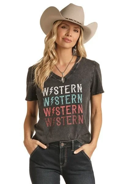 Rock & Roll Cowgirl Women's Black Western Graphic V-Neck T-Shirt RRWT21R0CT Polka Dot Checkered Tartan