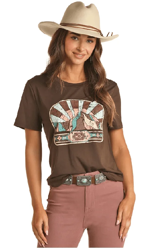 Rock & Roll Cowgirl Women's Brown Mountain Scene Short Sleeve T-Shirt RRWT21R04Y Fleece Nylon Spandex