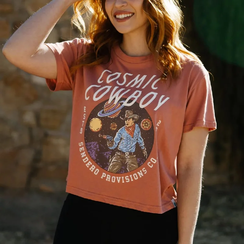 Sendero Cosmic Cowboy Women's Crop Tee - Dusty Mauve Ribbed Striped Patterned