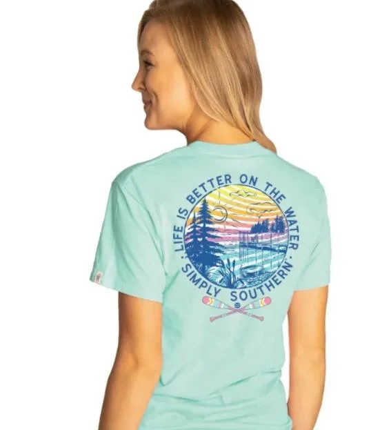 Simply Southern Women's Celedon Blue "Better on the Water" SS Tee Spandex Blend Rayon Blend Denim Blend