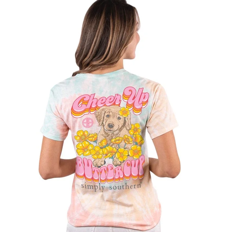 Simply Southern Women's "Cheer Up Buttercup" Tie Dye SS Tee Jersey Fabric Tulle Fabric Batik Fabric