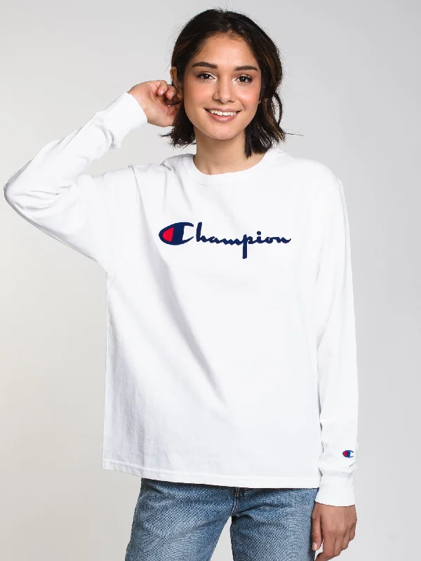 CHAMPION THE ORIGINAL LONG SLEEVE TEE FLOCK SCRIPT - CLEARANCE Sequined Glittery Shiny