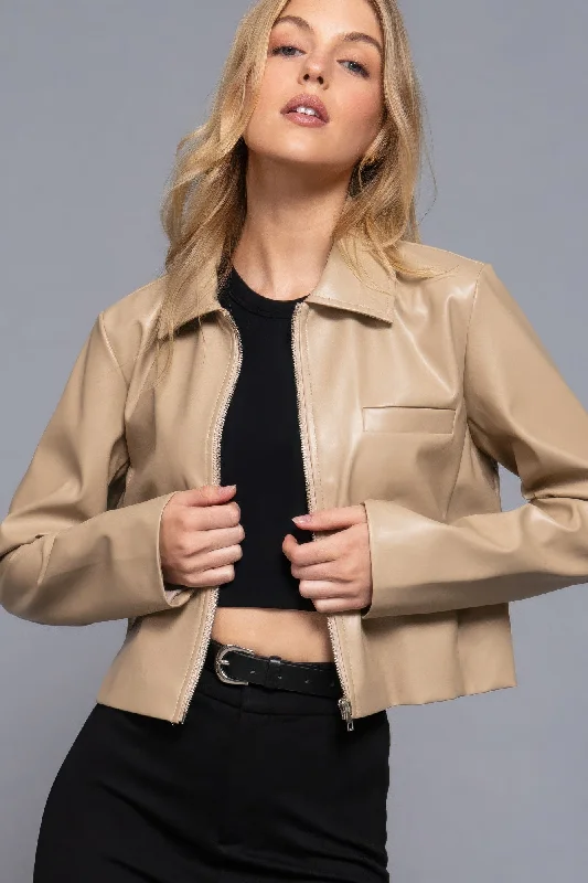 Long slv shirt collar faux leather jacket Tiered Jacket Buttoned Jacket Zippered Jacket