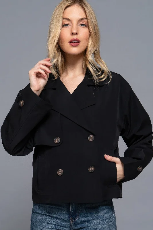 Double Breasted Short Trench Jacket Boat Neck Shawl Collar Notched Collar