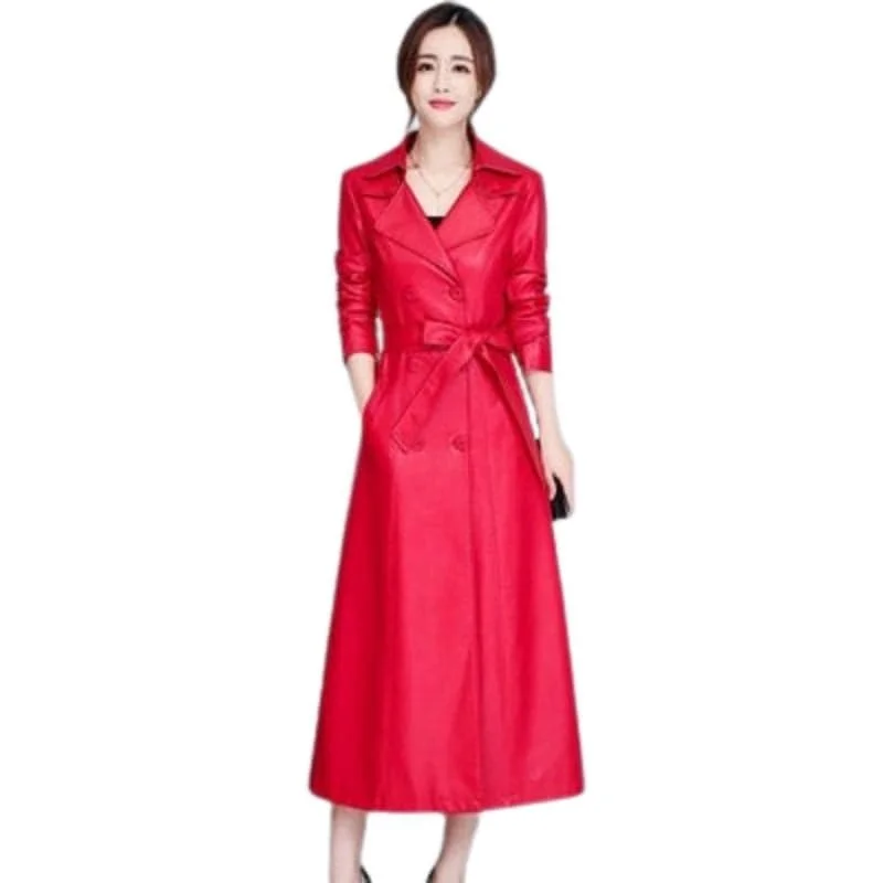 BELLA Design Women's Fine Fashion Long Luxury Designer Leather Red Blazer Trench Coat Jacket Satin Fabric Silk Fabric Chiffon Fabric