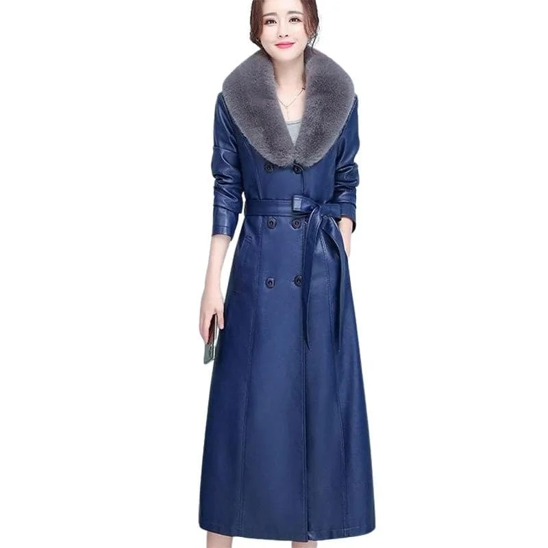 BELLA Design Women's Fine Fashion Long Luxury Designer Leather Navy Blue Plush Fur Coat Jacket Cardigan Sweater Pullover