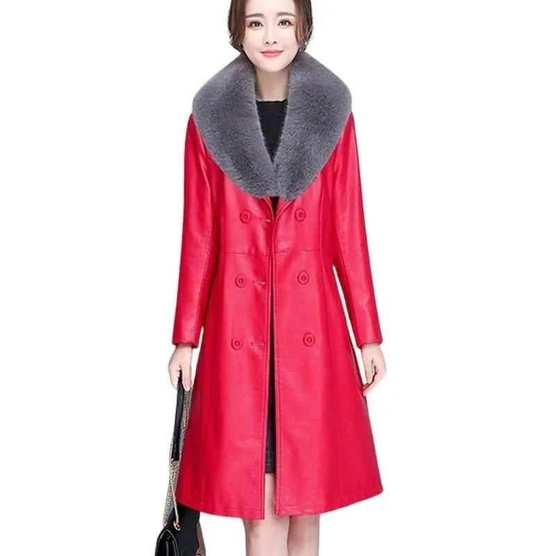 BELLA Design Women's Fine Fashion Luxury Designer Leather Red Plush Fur Coat Jacket Trench Coat Raincoat Waterproof Jacket