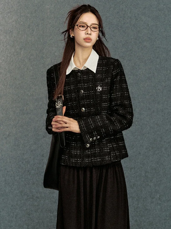 Black Tweed Blazer: Classic Button-Front Jacket with Metallic Thread and Embroidered Logo Notch Collar Peter Pan Collar Cowl Neck