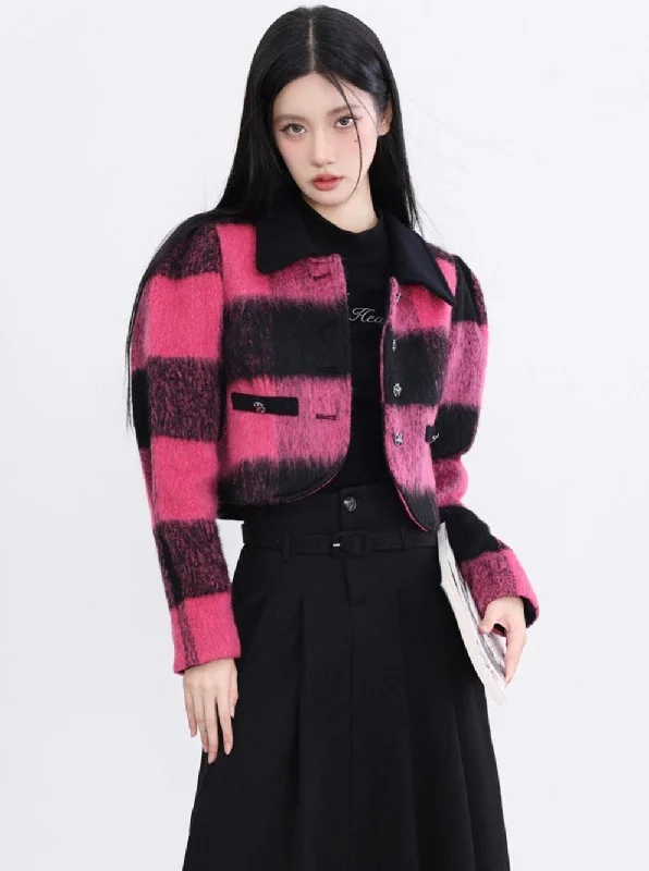 Bold Buffalo Plaid Cropped Jacket: Pink and Black Fuzzy Wool Blend with Contrast Collar Nylon Fabric Polyester Fabric Spandex Fabric