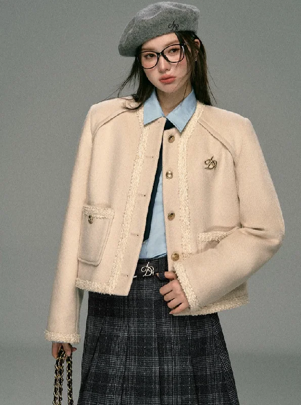 Classic Tweed Cropped Jacket: Beige Button-Front Blazer with Frayed Edges and Gold Logo Pin A-Line Jacket Boat Neck Shawl Collar