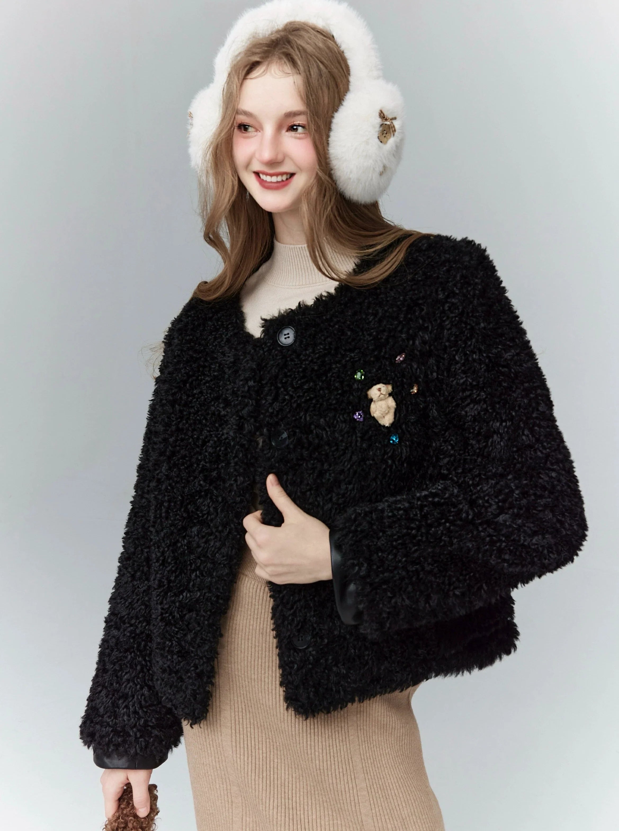 Cozy Teddy Bear Cardigan: Plush Textured Cropped Jacket with Charming Embroidered Details Fleece Jacket Down Jacket Parka