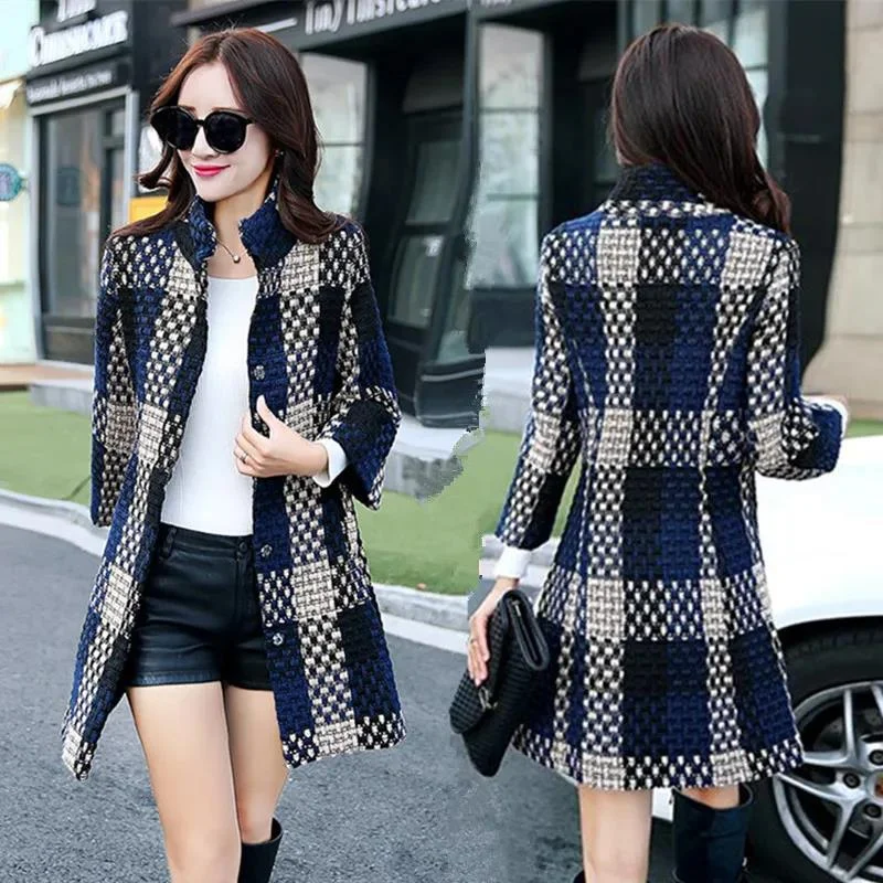 ELDORA Design Women's Fine Fashion Elegant Luxury Navy Blue Plaid Style Wool Coat Jacket Boat Neck Shawl Collar Notched Collar