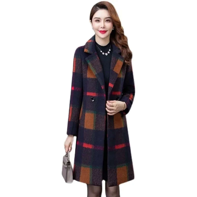 ERNESTINA Design Women's Fine Fashion Elegant Golden Yellow Brown Plaid Luxury Style Wool Coat Jacket Print Jacket Jacquard Jacket Embroidered Jacket